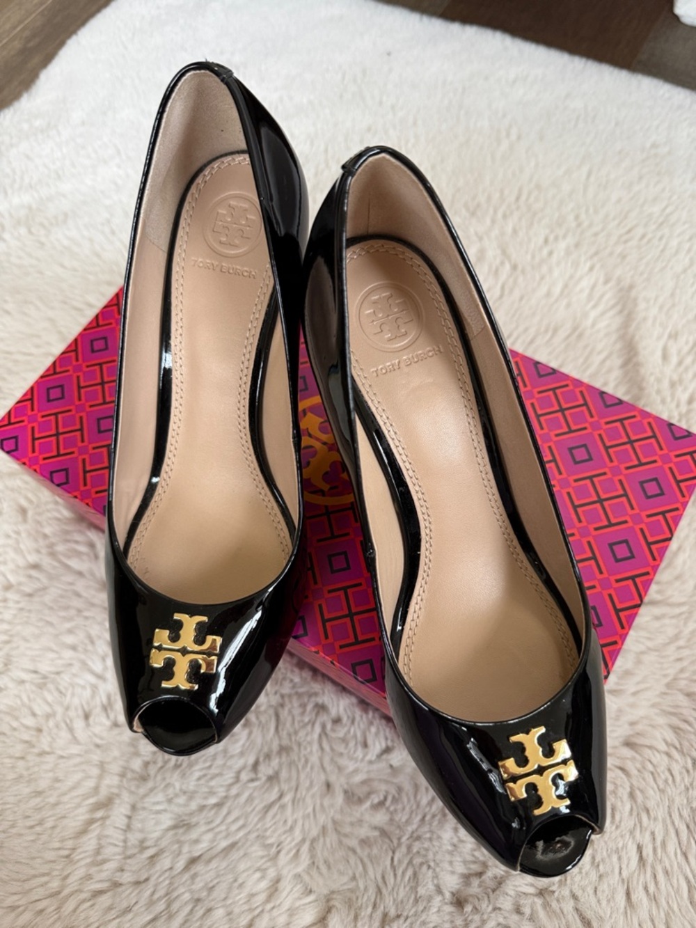 Tory Burch Black Patent Peep-Toe Heels with Gold Logo Accent
